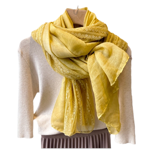 春秋冬季薄围巾女韩版姜黄色蕾丝纱巾仿棉麻亚麻丝巾妈妈护颈围脖