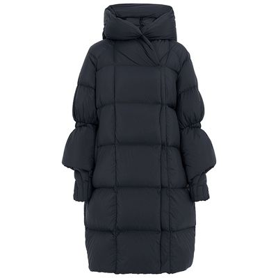 马天奴黑色连帽廓形鹅绒羽绒服
