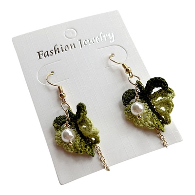 手工微钩龟背竹耳饰镶嵌贝珠耳坠