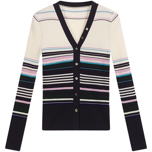 【纯羊毛】LANCY/朗姿2026春新款时尚撞色彩条纹V领修身针织开衫