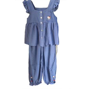 夏季薄款女童背心牛仔裤甜美可爱花苞灯笼裤休闲防蚊裤两件套装