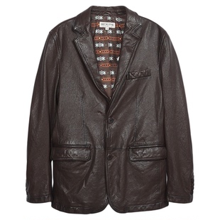 MCS男装源自万宝路秋季美式复古合身西装领绵羊皮革真皮皮衣外套