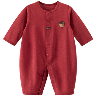 婴幼儿纯棉连体衣春夏季薄款红色满月周岁服宝宝空调服哈衣爬爬服