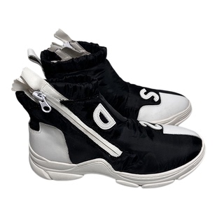 圣迪家女式牛皮织布拼接高帮中跟休闲帅气运动鞋