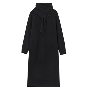 德玛纳复古冬季连衣裙层次感可拆卸钉扣围巾V领宽松气质中长款裙