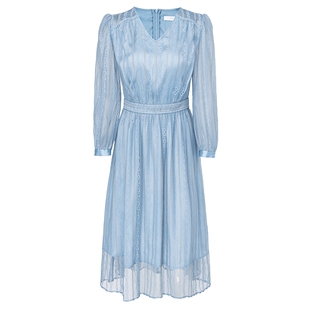 专柜正品马天奴女装蓝色V领网布蕾丝连衣裙子长裙秋冬新款时尚