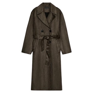 ZA外贸出口美式辣妹穿搭高级感通勤反绒皮效果长款风衣女 4968230