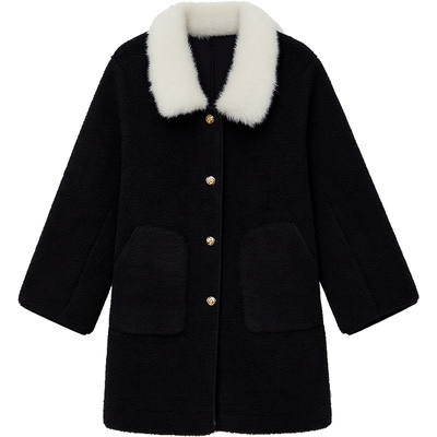 DM100大码百分百女装微胖mm冬季撞色翻领加厚皮毛一体长短款外套