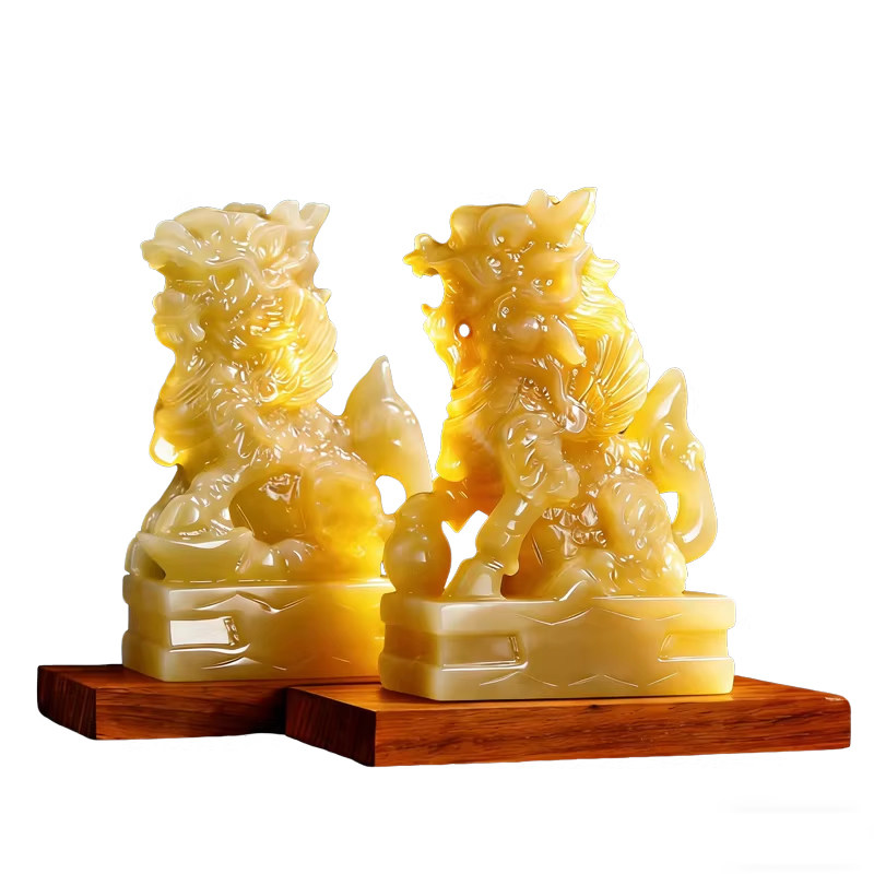 泰山祝福上好玉石米黄玉麒麟摆件