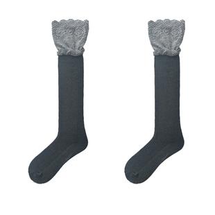 夜间教习室蕾丝小腿袜女秋冬灰色拼接长筒袜配靴子lolita堆堆袜子