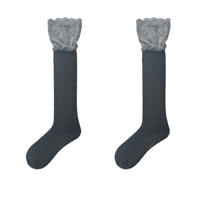 夜间教习室蕾丝小腿袜女春季灰色拼接长筒袜配靴子长筒靴袜子春夏
