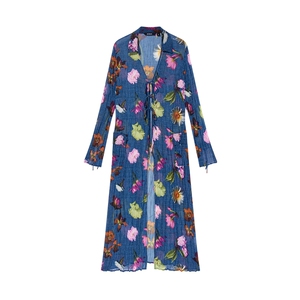 Desigual25春夏新款花卉印花压皱系带开衫长款女士外套罩衫