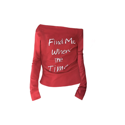 斜领露肩字母印花长袖T恤女早秋