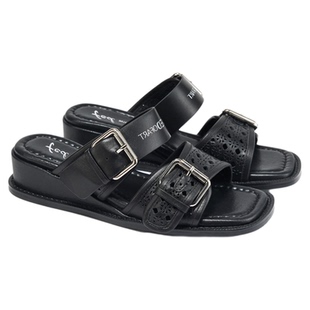 fed坡跟凉拖夏季女鞋黑色扣带一字拖真皮外出拖鞋女款S0617-YA751