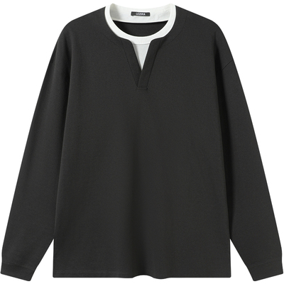 LEZORA静奢假两件大V领长袖T恤