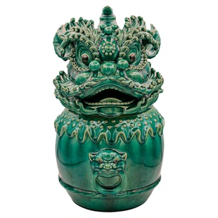 【本尼家】中式绿色狮头高温瓷高档鼓上狮艺术玄关装饰摆件