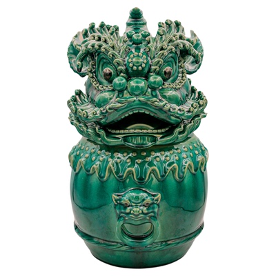 【本尼家】中式绿色狮头高温瓷高档鼓上狮艺术玄关装饰摆件