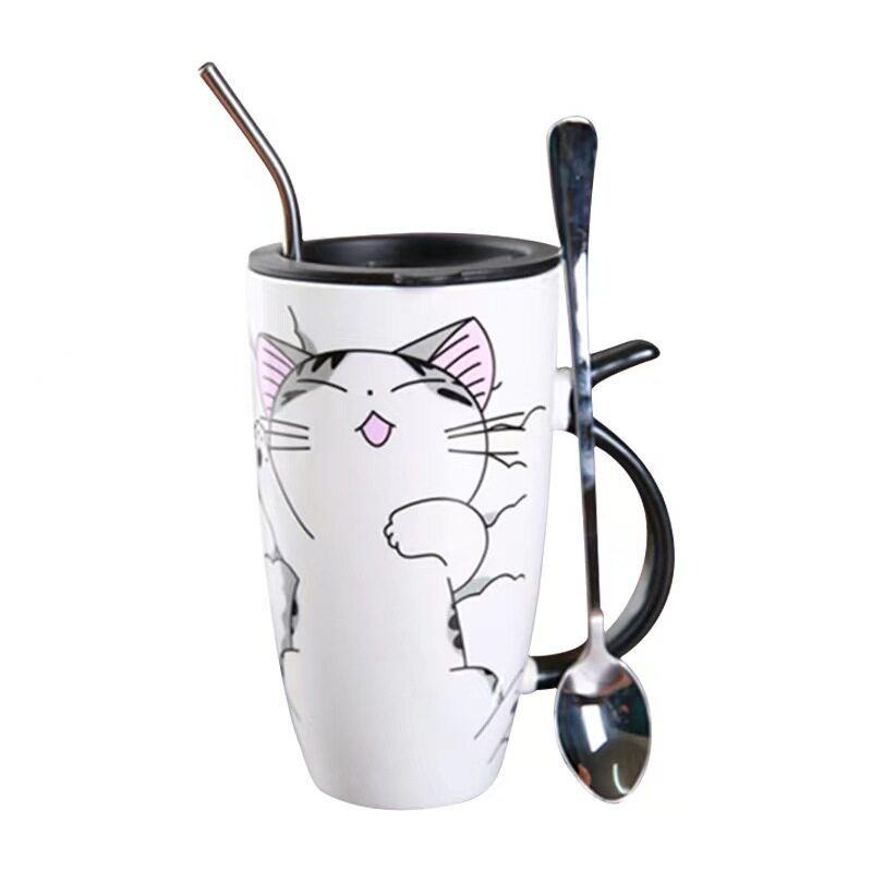 可爱猫咪狗狗大容量马克杯带盖勺陶瓷水杯牛奶杯早餐杯子礼品