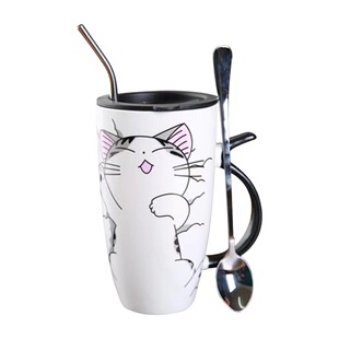 可爱猫咪狗狗大容量马克杯带盖勺陶瓷水杯牛奶杯早餐杯子礼品