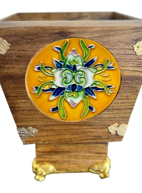 老榆木实木花插立体浮雕摆件