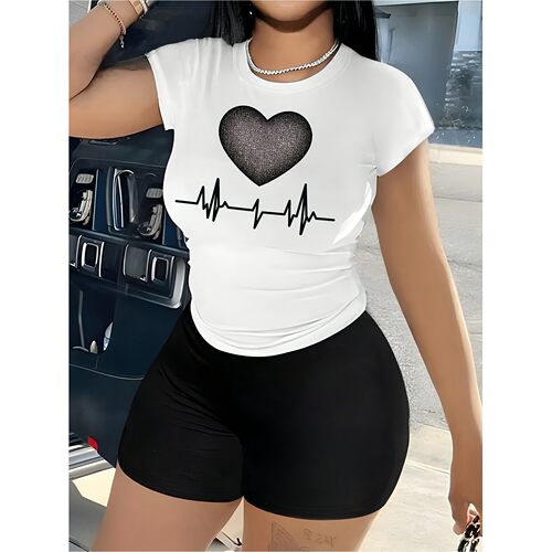 Y 12415 Heart Print Slim Fit T-Shirt 心形印花T恤 跨境欧