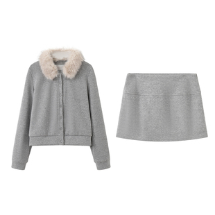 荒荒家毛绒茸翻领卫衣套装2025冬季新款加绒外套半身短裙两件套女
