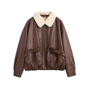 紫涵仿羊羔毛皮衣女2025年冬季新款复古加绒PU皮夹克外套短款棉服