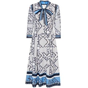 马天奴秋冬白色印花连衣裙飘带长裙气质今年流行气质长款裙