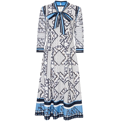 马天奴飘带领撞色印花连衣裙