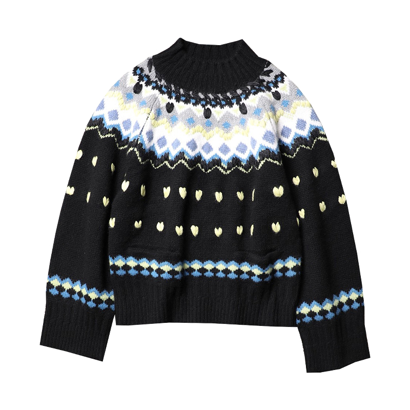 TANG TOWN 自制 纯羊绒蓬松温暖 费尔岛提花插肩袖针织衫加厚毛衣