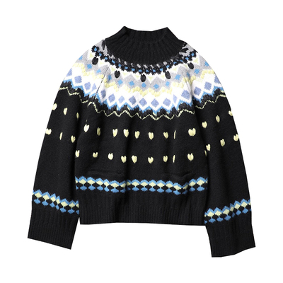 TANG TOWN 自制 纯羊绒蓬松温暖 费尔岛提花插肩袖针织衫加厚毛衣