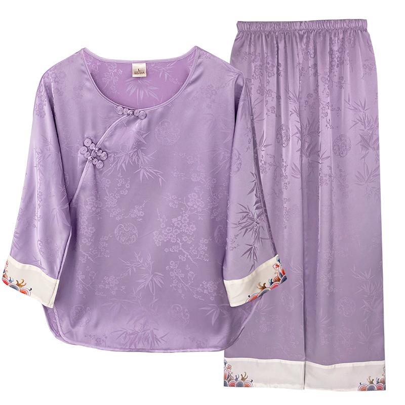 上海故事春秋季冰丝绸睡衣女款国风带胸垫一体妈妈秋天家居服套装