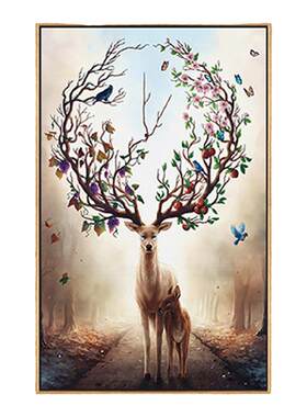 现代欧式竖款单联高档玄关装饰画麋鹿简框油画布轻便容易安装挂画