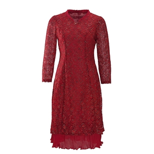 马天奴2026春夏新款红色蕾丝修身连衣裙子花边长袖礼裙气质时尚女