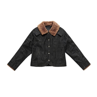 JCAESAR WOMEN 羊羔绒翻领短款牛仔棉夹克棉衣 进口丹宁 原牛外套