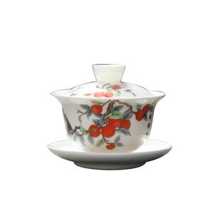 白瓷柿柿如意盖碗陶瓷茶具三才茶碗敬茶杯仿手绘盖杯泡茶大碗中式