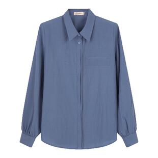 solighter 法式复古莱赛尔蓝色长袖衬衫女秋季2025新款宽松上衣