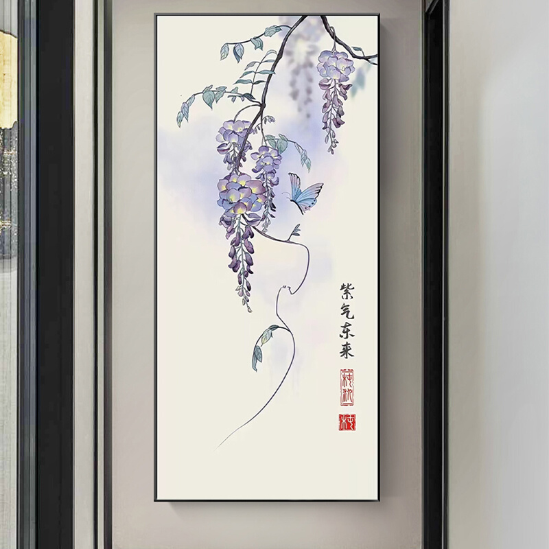 新品紫气东来寓意手绘油画新中式蝴蝶装饰画紫花卉客厅玄关国画风图片