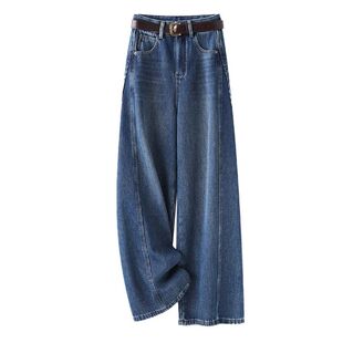 拉夏贝尔复古蓝弯刀阔腿牛仔裤女2026年春秋新款加绒梨形报恩裤子