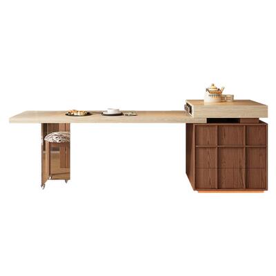 中古风2026新款岛台餐桌一体可伸缩倒台吧台洞石岩板高级厨房导台