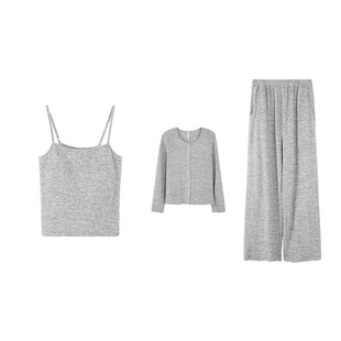 安之伴【巨柔软】睡衣女款春秋季带胸垫吊带开衫家居服三件套装