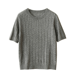 女士圆领绞花短袖针织T恤 糖果色系五分袖毛针织衫 打底衫春夏款