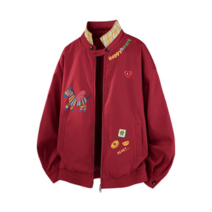 查尔斯桃心红色马年新款立领夹克男女春秋季格纹潮牌教练情侣外套