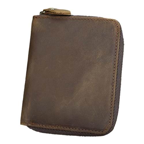 手工真皮拉链短钱包零钱包疯马牛皮男士复古头层牛皮多功能皮卡包