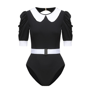 NoirTease性感显瘦泳衣女款连体露背短袖遮肚度假服温泉服冲浪服
