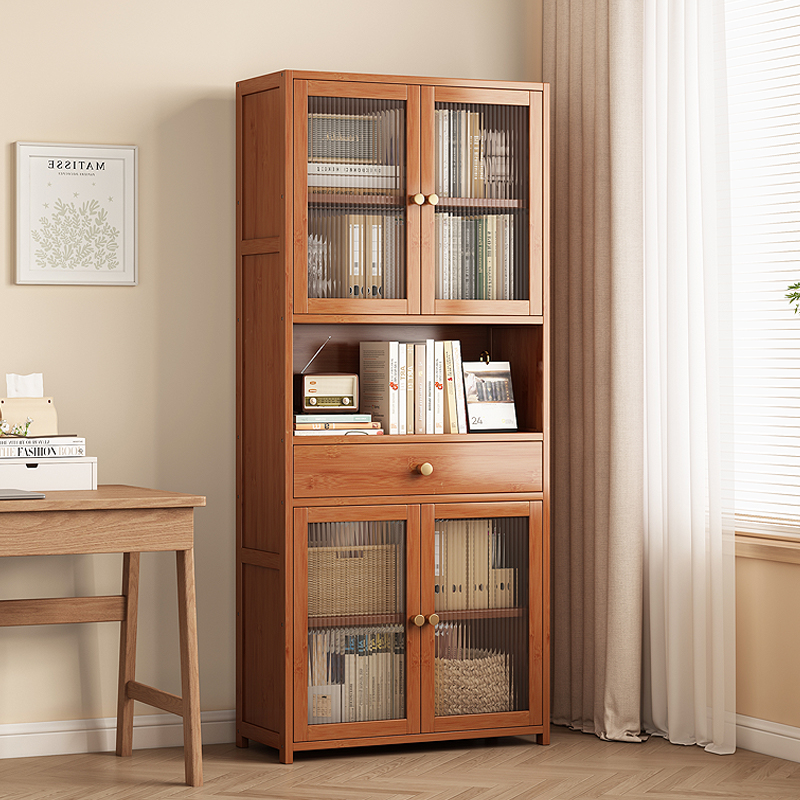 实木书架简易家用小型卧室靠墙置物架多层收纳架落地带门防尘书柜