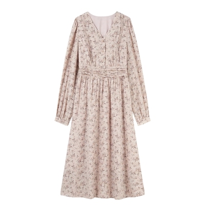 秋水伊人气质V领碎花长袖连衣裙2025年秋季新款女收腰显瘦中长裙