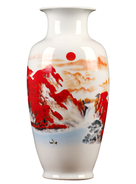 红色鸿运当头陶瓷花瓶坐盘摆件