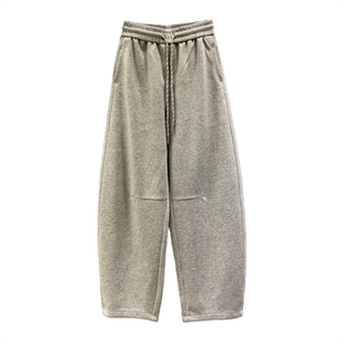 灰色弯刀运动卫裤女2026春季新款抽绳松紧腰宽松休闲阔腿拖地长裤
