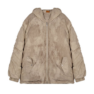 BeerBro 美式做旧肌理感加厚棉服外套女冬季设计感抽褶纯色棉衣潮